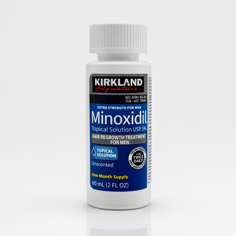 Frasco de Minoxidil Kirkland 5% líquido original para caída del cabello y barba en Honduras