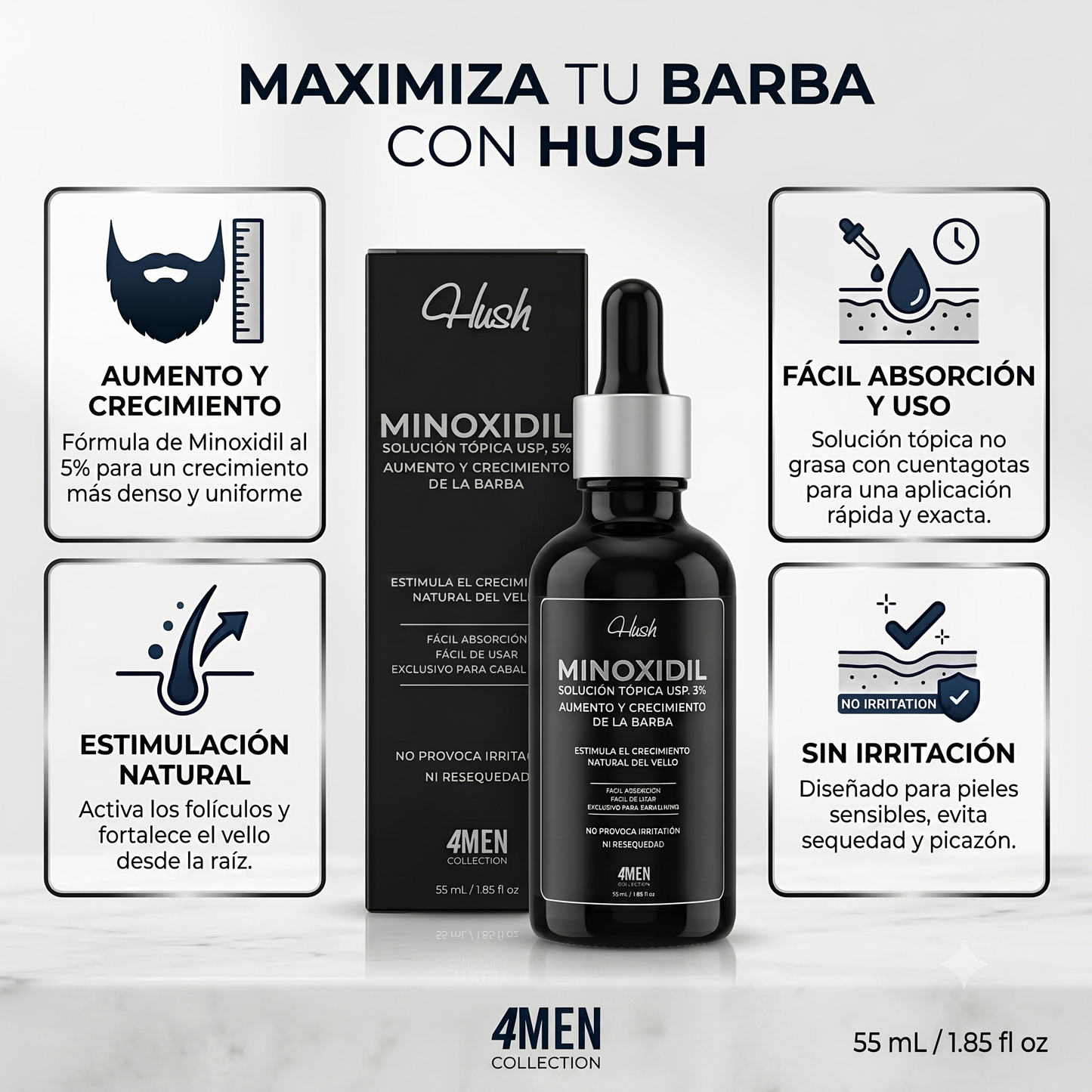 Minoxidil Solución Tópica USP 5% – Hush 4MEN Collection
